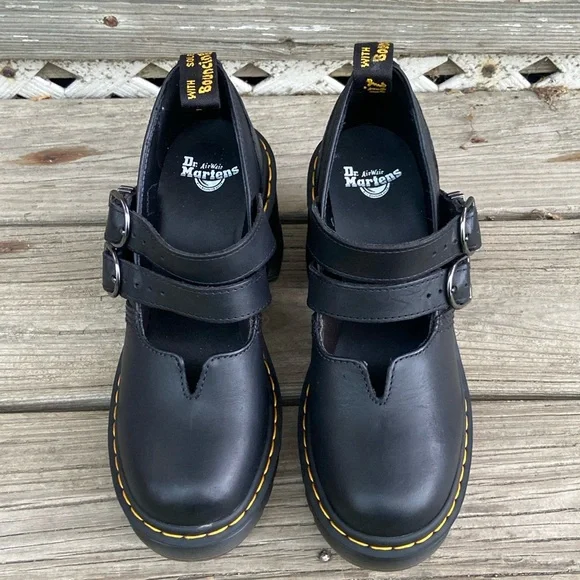 Dr. Martens Eviee Heeled Shoes in Black Sendal Leather Women's Size 6
